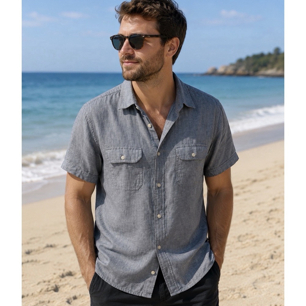 Banana Republic Men Button Up Linen Blend Shirt‎ L/XL Blue Pockets Beach Coastal